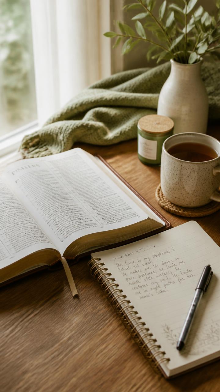 An open Bible and journal in soft window light